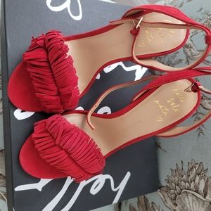 Suede Heel Sandal NIB Red Fringe
